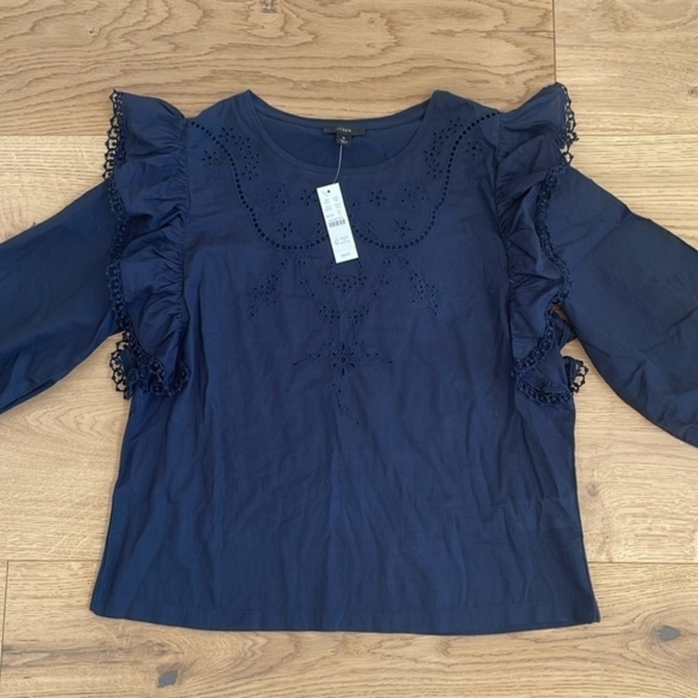 J. Crew Embroidered Ruffle Sleeve Top Navy Blue Medium NWT